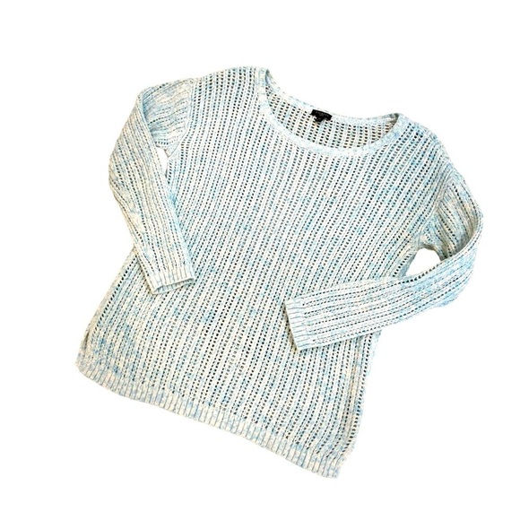 Talbots open weave aqua marled scoop neck cotton sweater side slits medium p - Picture 2 of 10